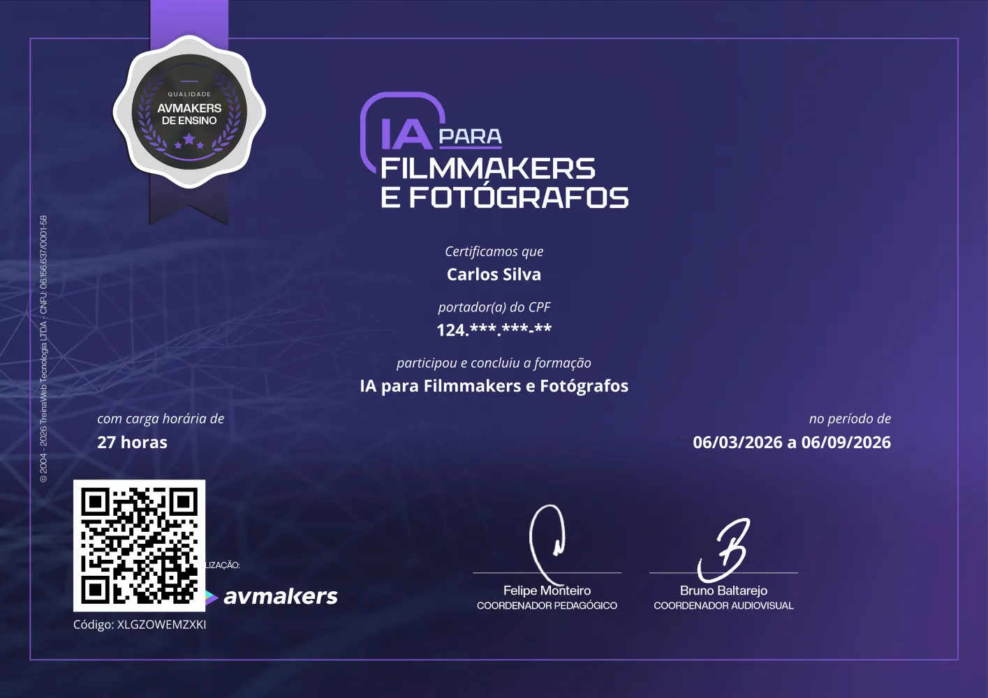 Exemplo de certificado da formação